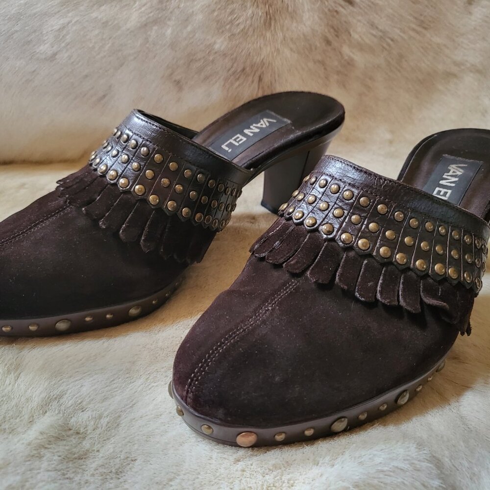 Women's VanEli Brown Suede Studs Platform Heels Mules 8.5